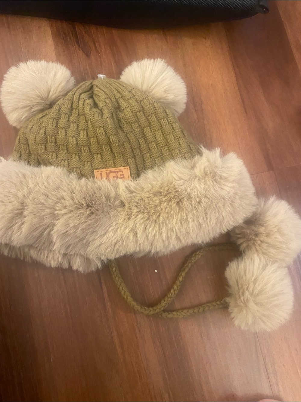 UGG Kids Olive Green Knit Hat with Cream Faux Fur Pom Poms